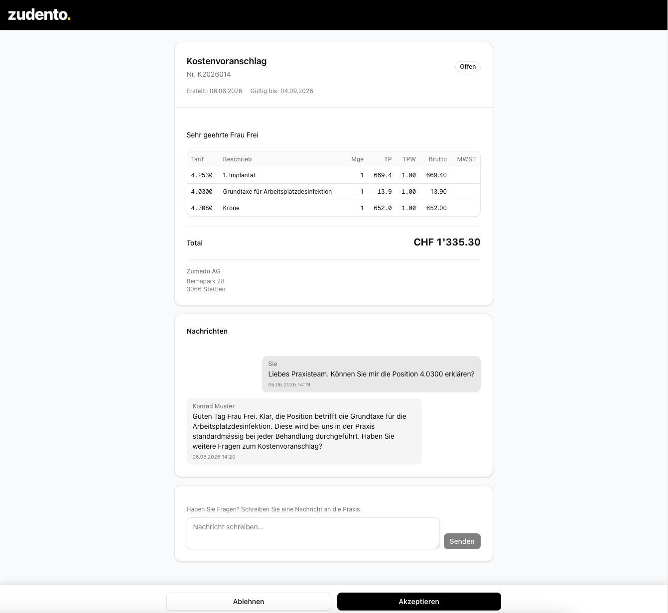 Online-Kostenvoranschlag im Patientenportal